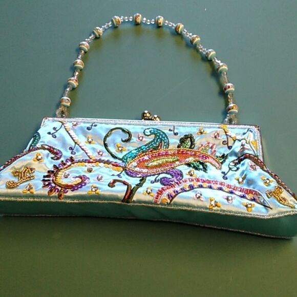 Embellished Beaded Kiss Clasp Clutch Cottagecore Grandmacore Granny Chic - Picture 1 of 7